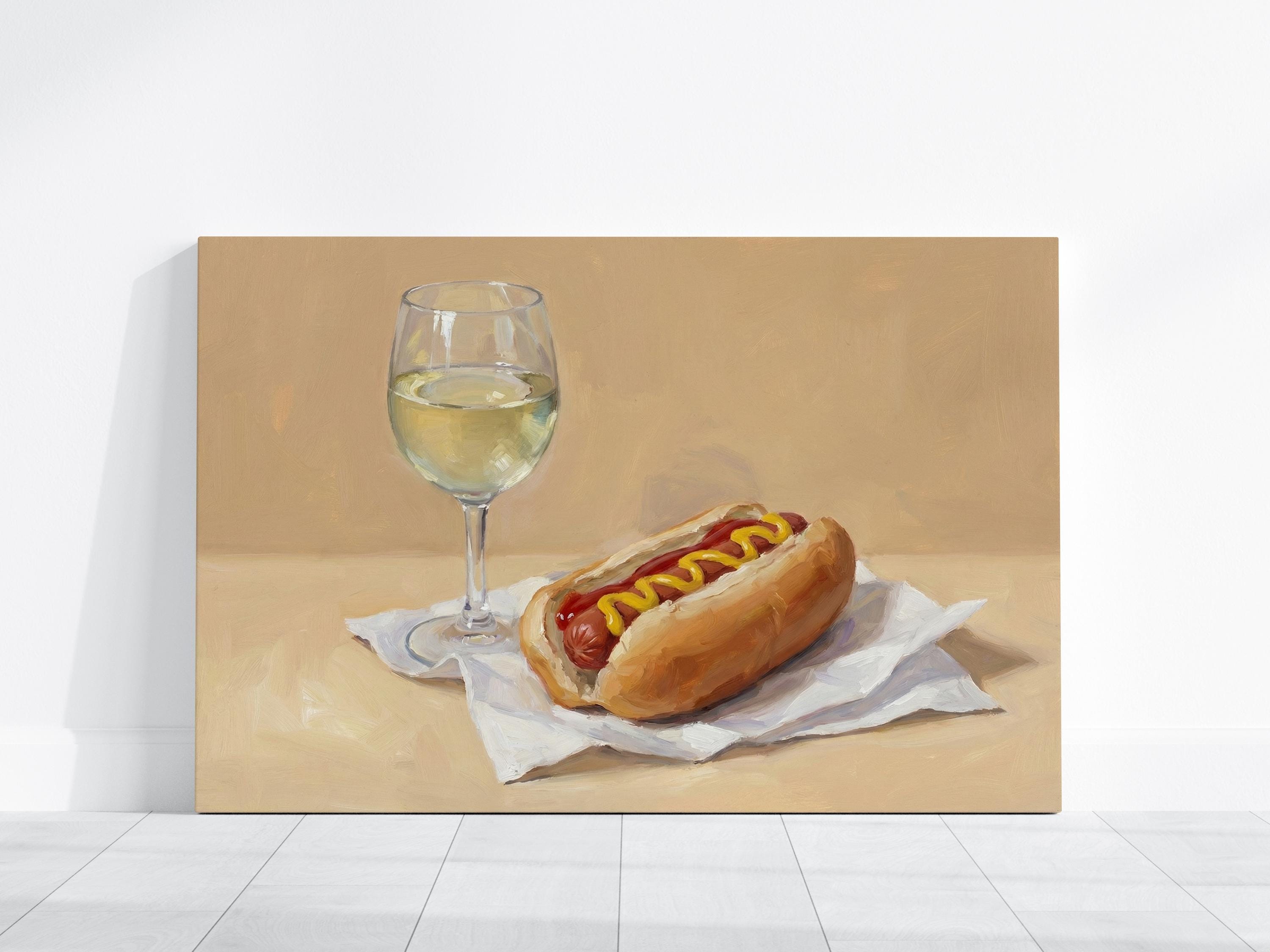 Hot Dog and Wine Wall Art: Funny Food Painting - Kitchen Decor