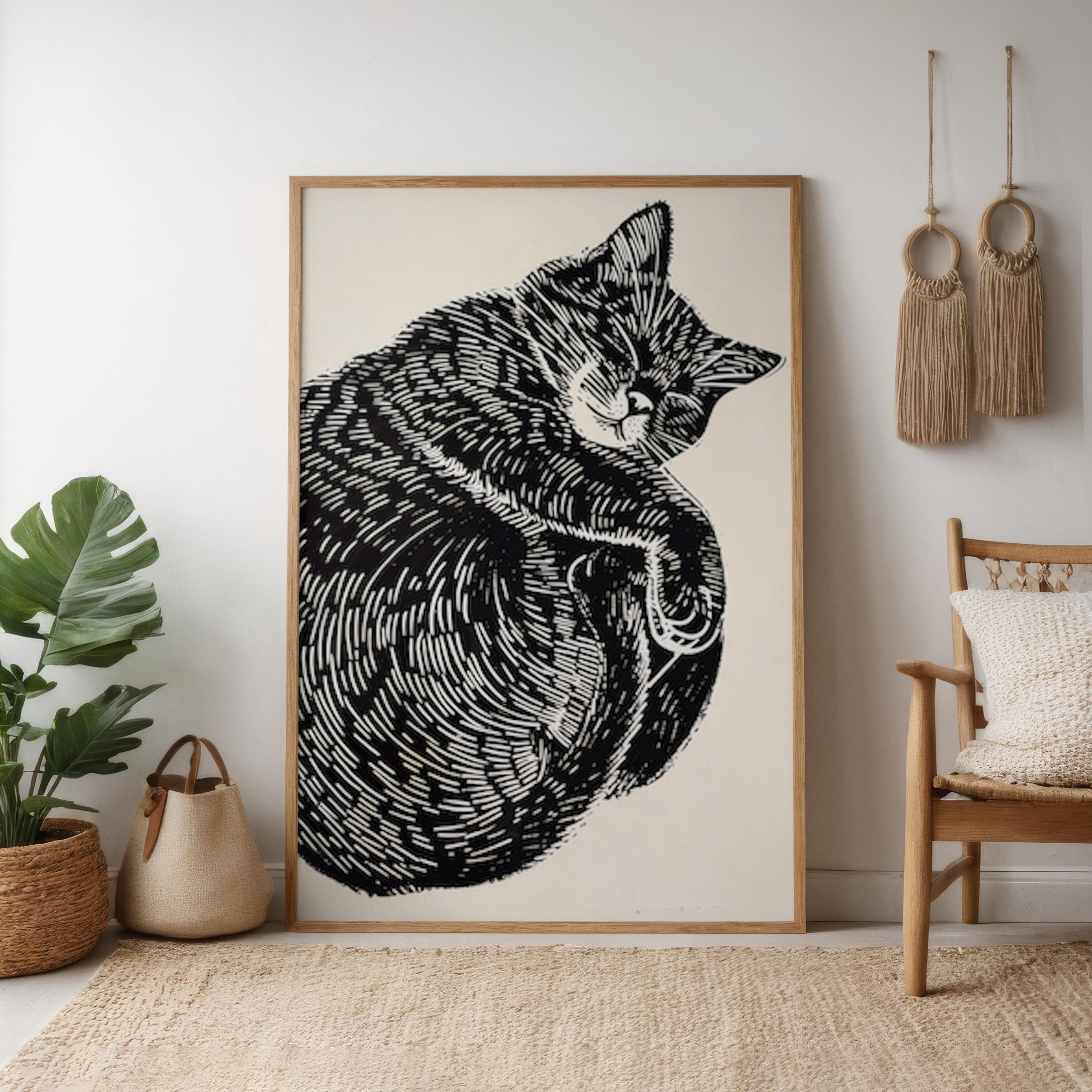 Peaceful Cat Nap: Whimsical Linocut Art Print | Cozy & Serene Wall Decor for Cat Lovers