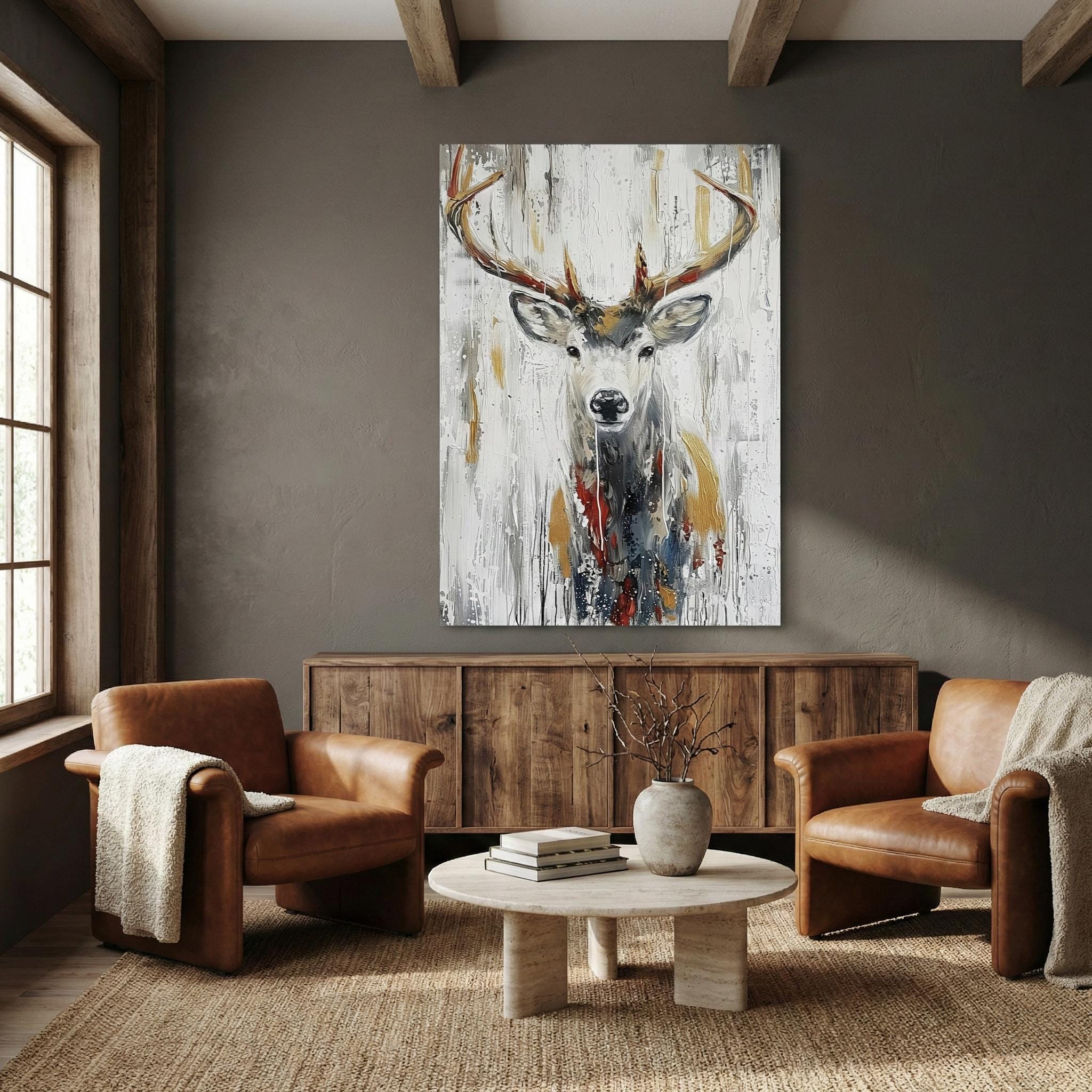 Serene Deer Canvas, Abstract Forest Art (Modern Wall Decor)