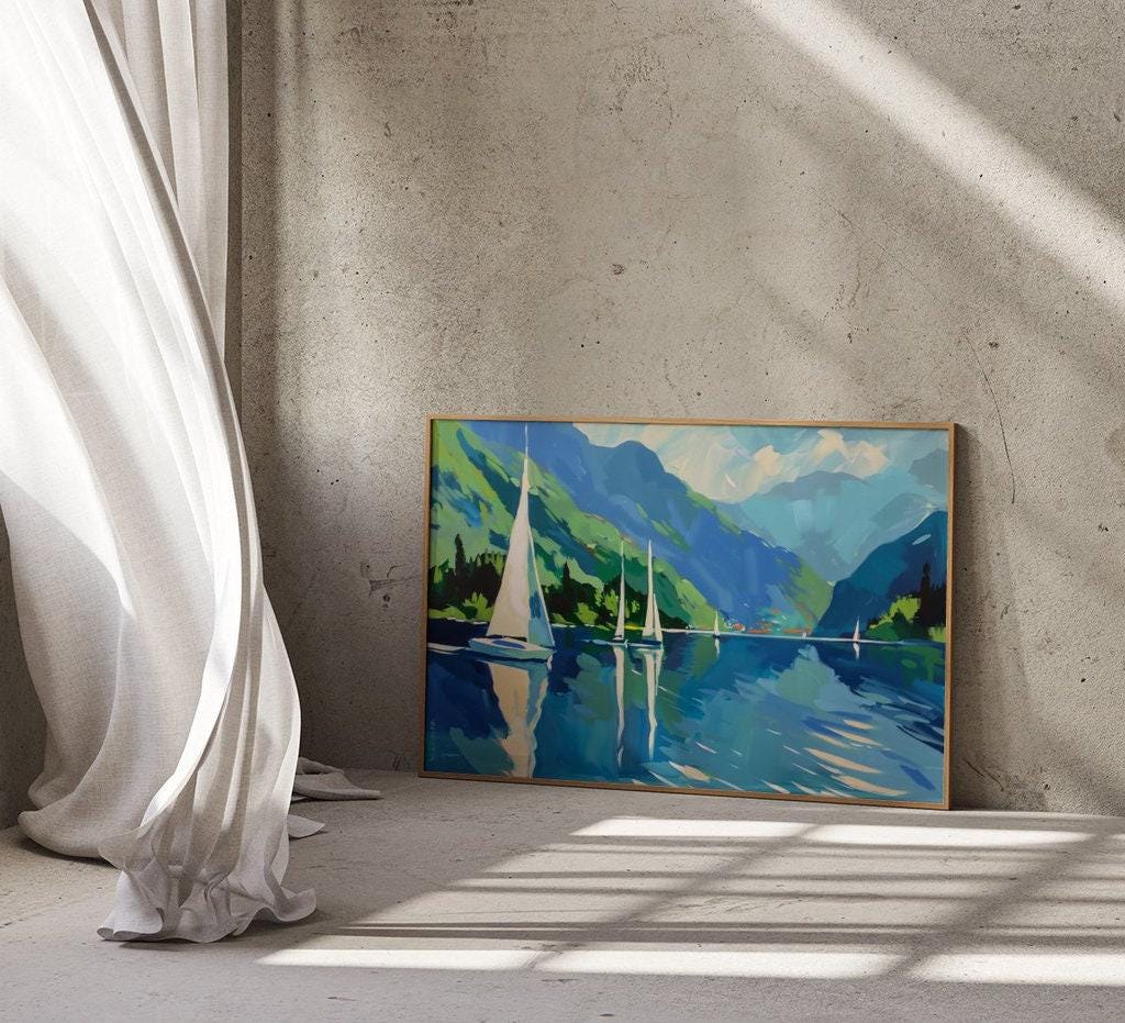 Mountain Lake Serenity: Tranquil Sailboat Canvas Art | Picturesque Blue & Green Landscape Decor