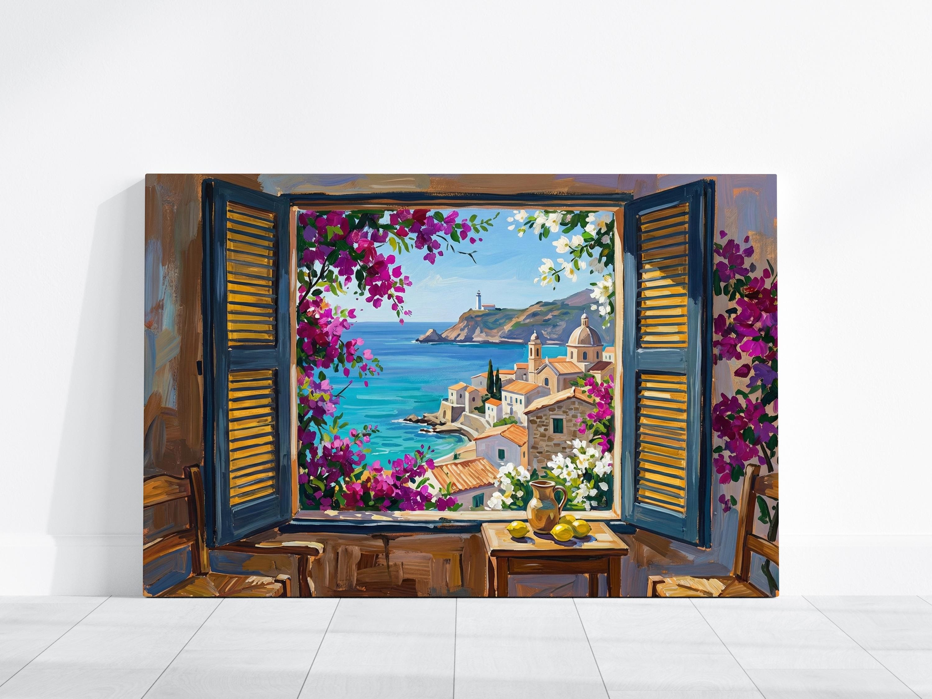 Mediterranean Coastal Art: Blue Shutters and Sea View (Canvas or Paper)