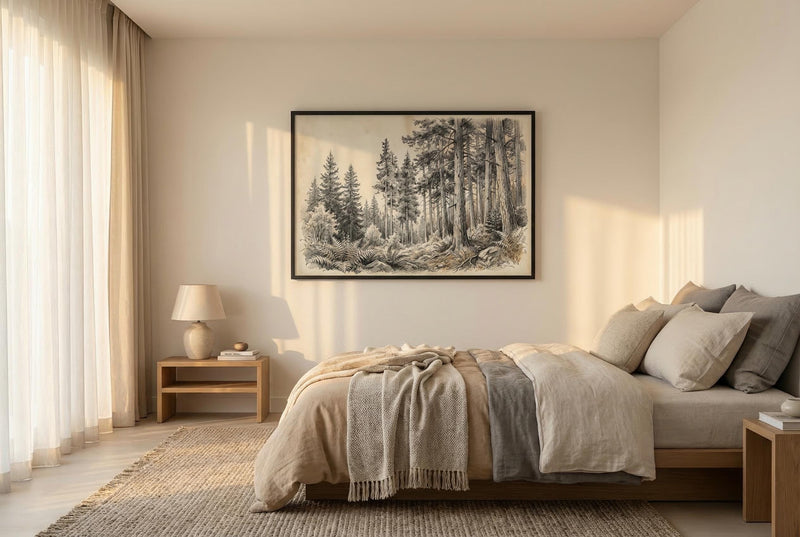 Vintage Pine Forest Sketch Art, Woodland Tree Drawing Print, Rustic Cabin Decor, Nature Wall Art