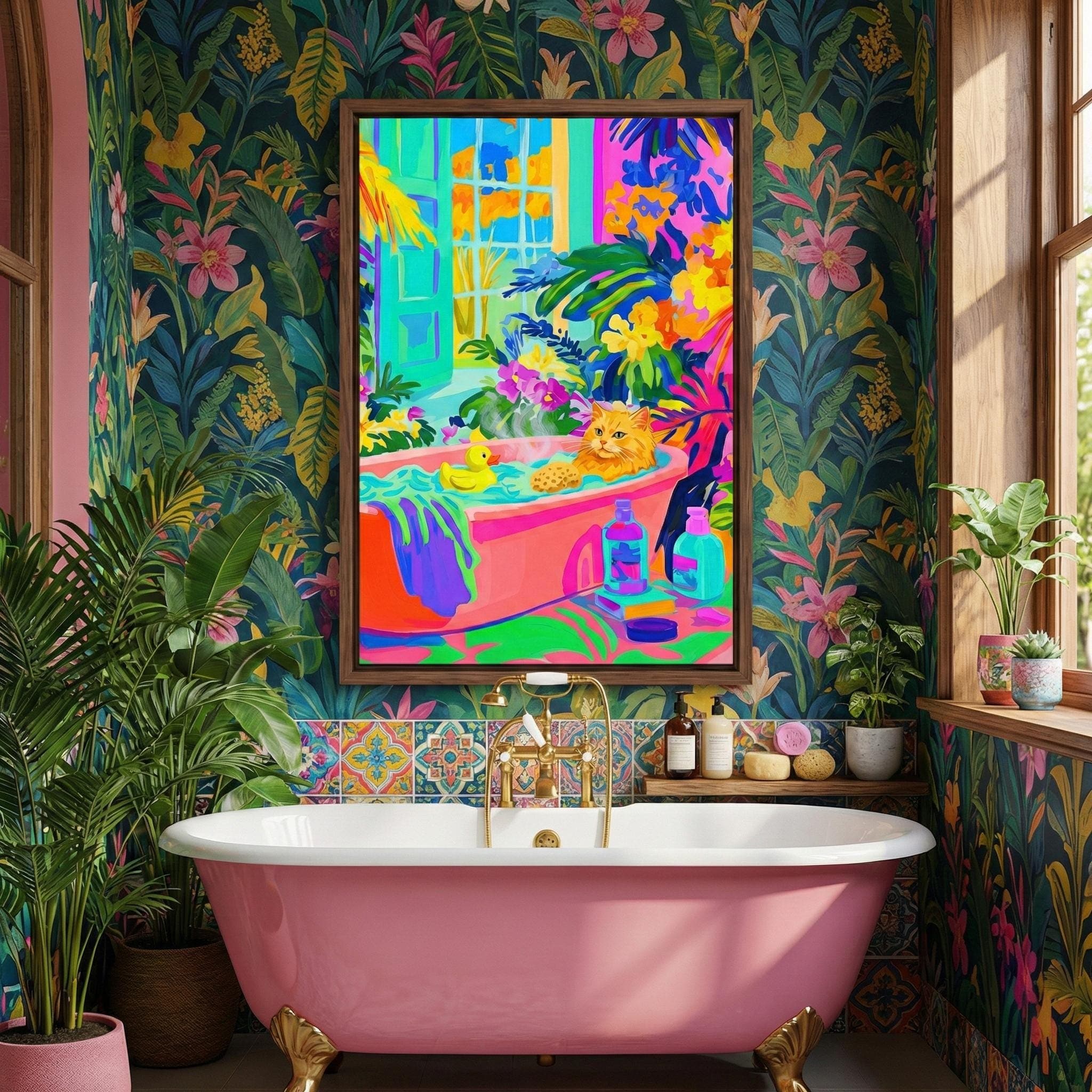 Whimsical Cat Canvas, Orange Tabby in Bathtub (Bold Fauvist Colors)