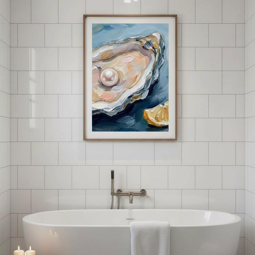 Oyster Shell Print - Coastal Wall Art | Nautical Beach House Decor With Pearl Still Life
