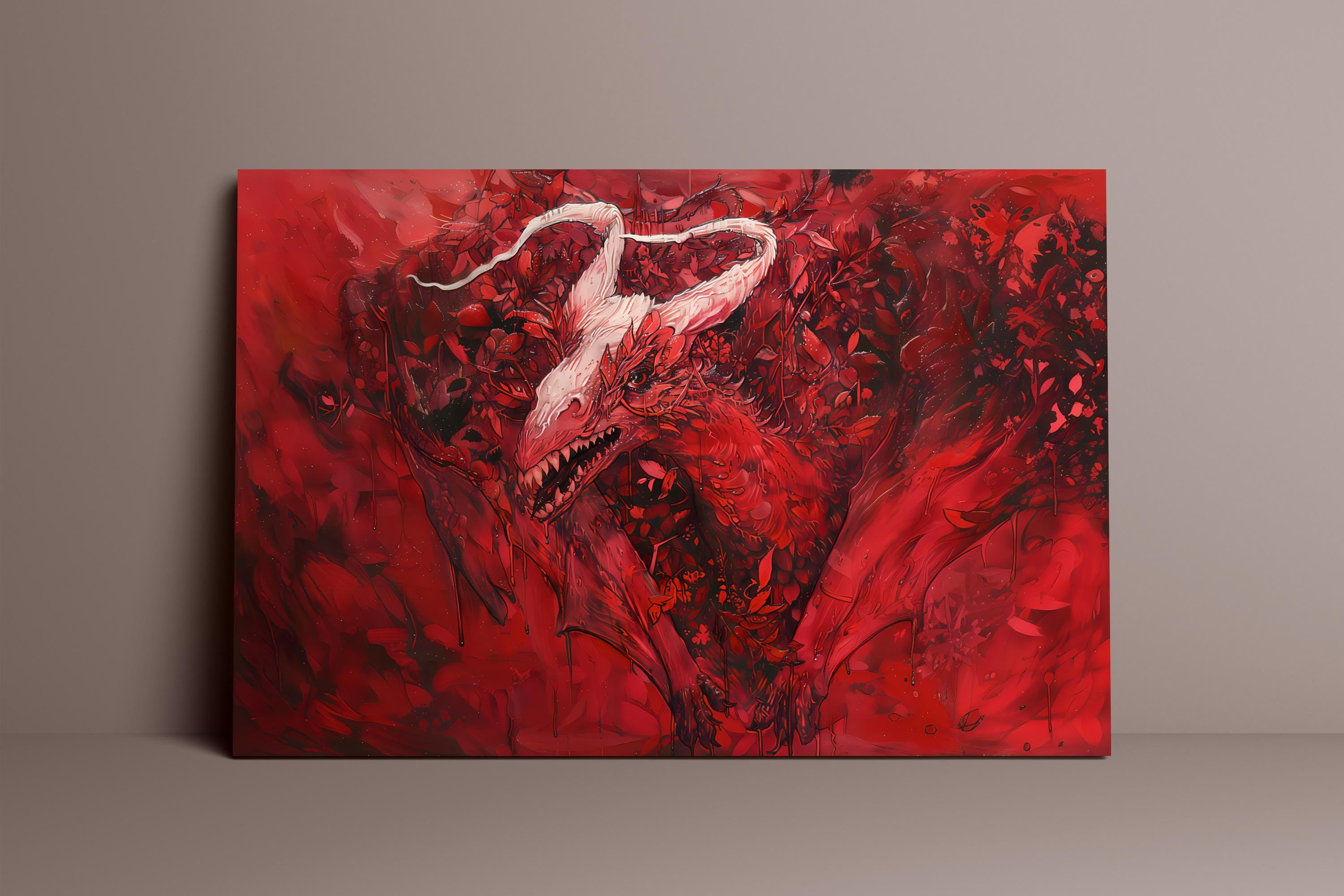The Crimson Chimera: Red Mystical Creature Art | Dark Fantasy & Mythical Wall Decor