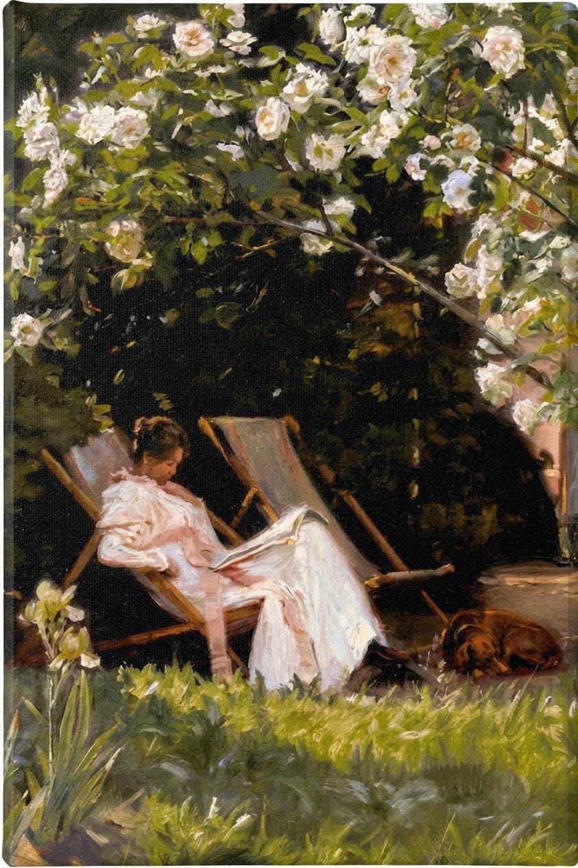 Serene Garden Wall Art Print: Woman Reading with Dog in Summer