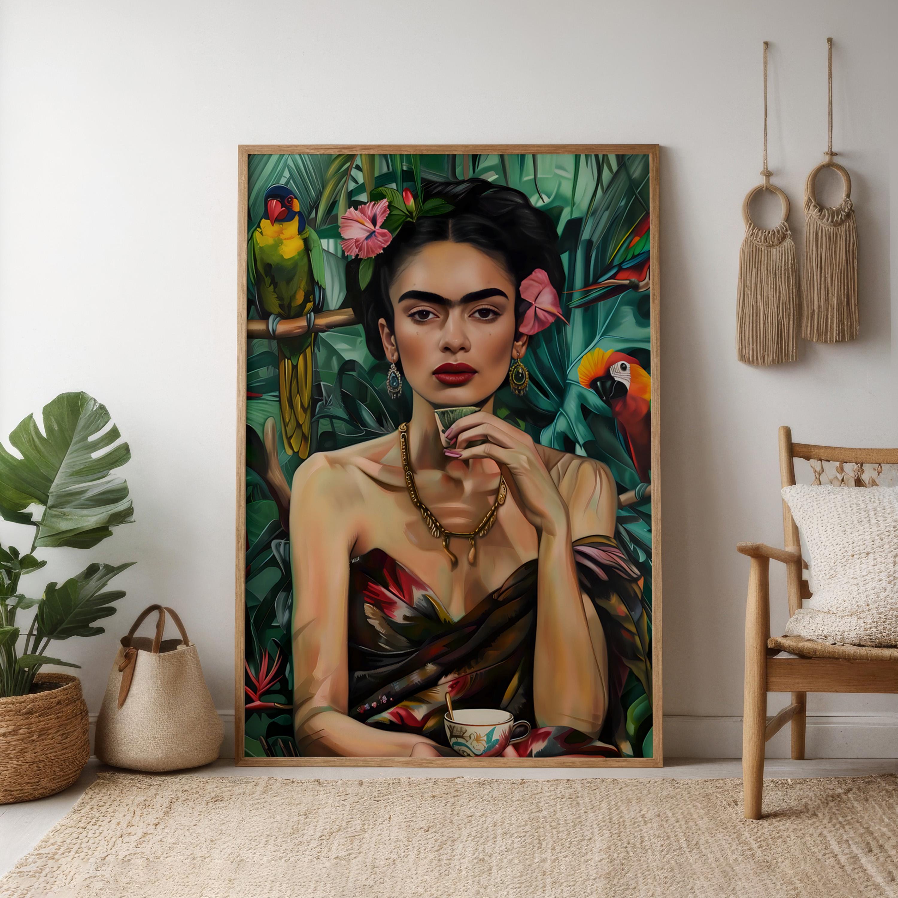 Tropical Goddess: Vibrant Jungle Portrait with Parrots | Exotic Floral Wall Art Decor