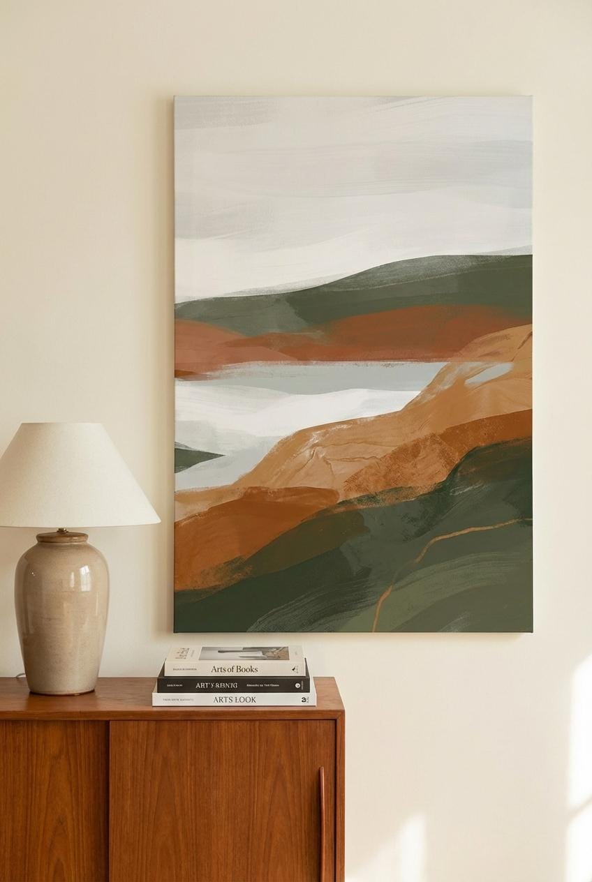 Terracotta Wall Art Print: Abstract Mountain Lake - Earth Tone Decor