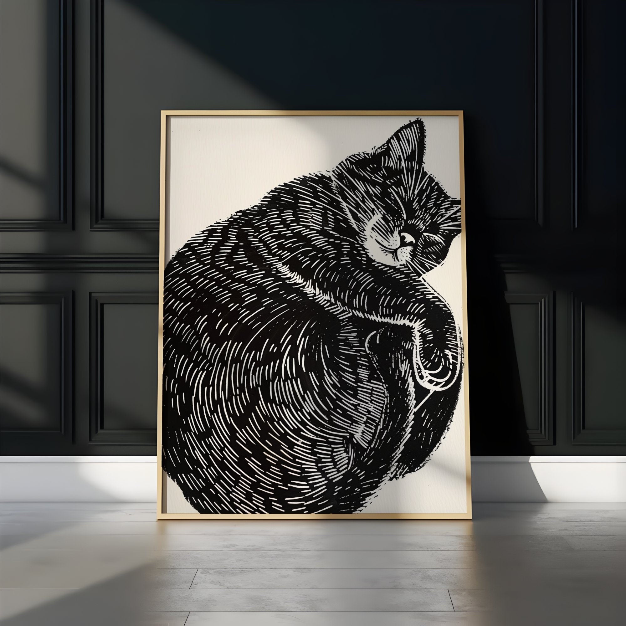 Peaceful Cat Nap: Whimsical Linocut Art Print | Cozy & Serene Wall Decor for Cat Lovers