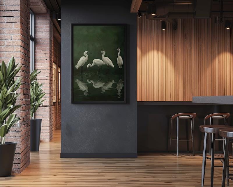 Nature Canvas Art, White Egret and Heron, Moody Green Swamp (Framed or Rolled)