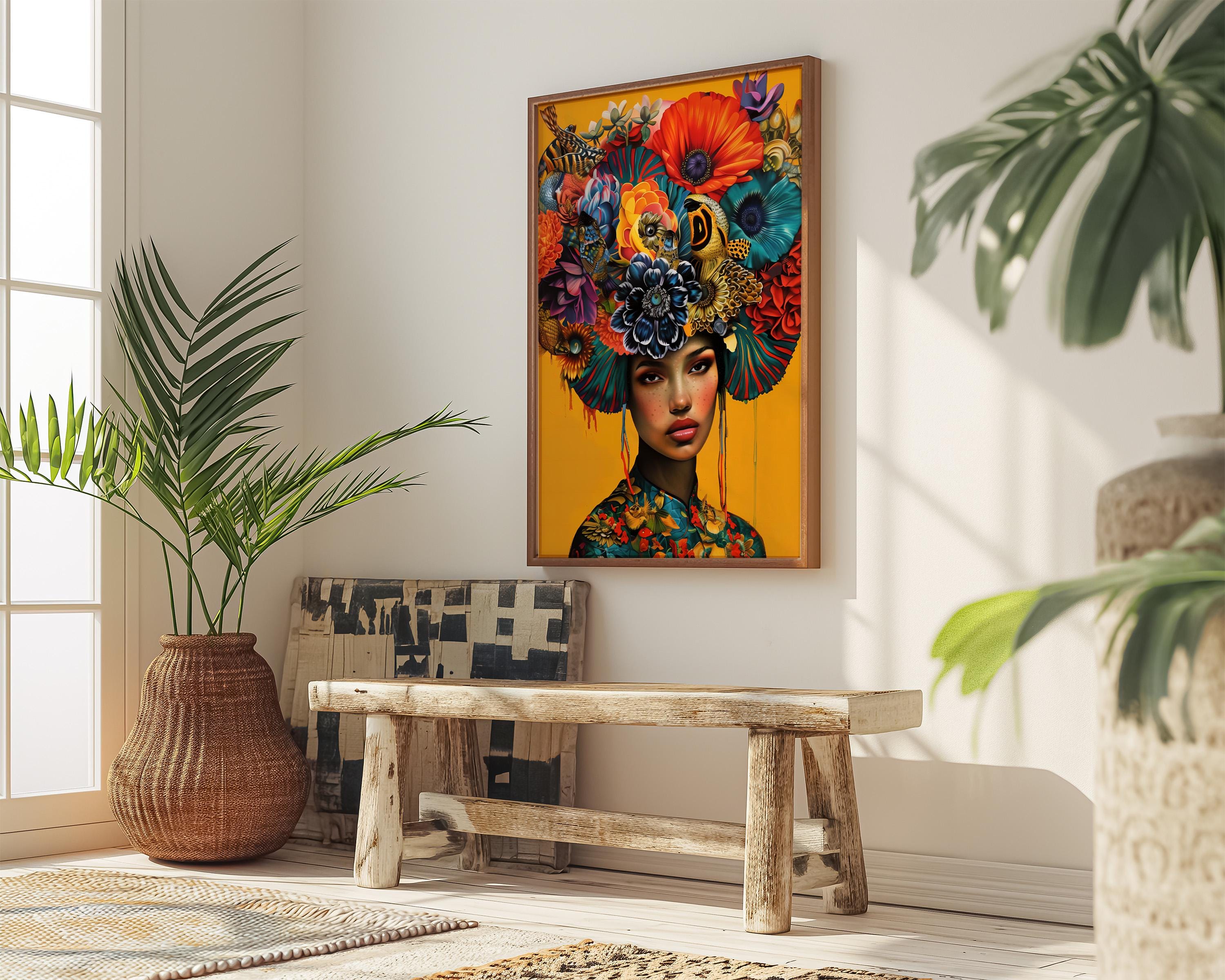 The Empress: Vibrant Floral Headdress Art | Modern & Elegant Botanical Portrait