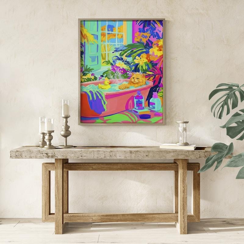 Whimsical Cat Canvas, Orange Tabby in Bathtub (Bold Fauvist Colors)