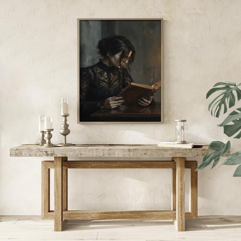 Moody Woman Reading Art - Dark Academia, Candlelit Gothic Scene