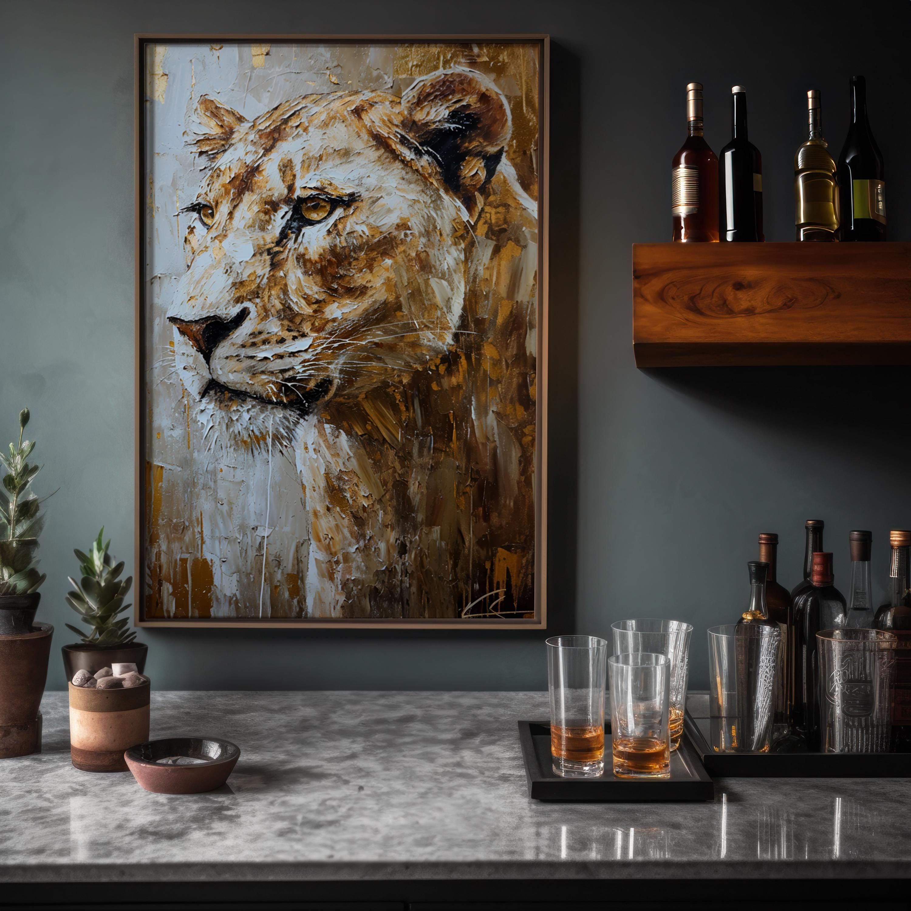 Lioness Wall Art: Graceful Wild Spirit in Gold (Canvas or Print)