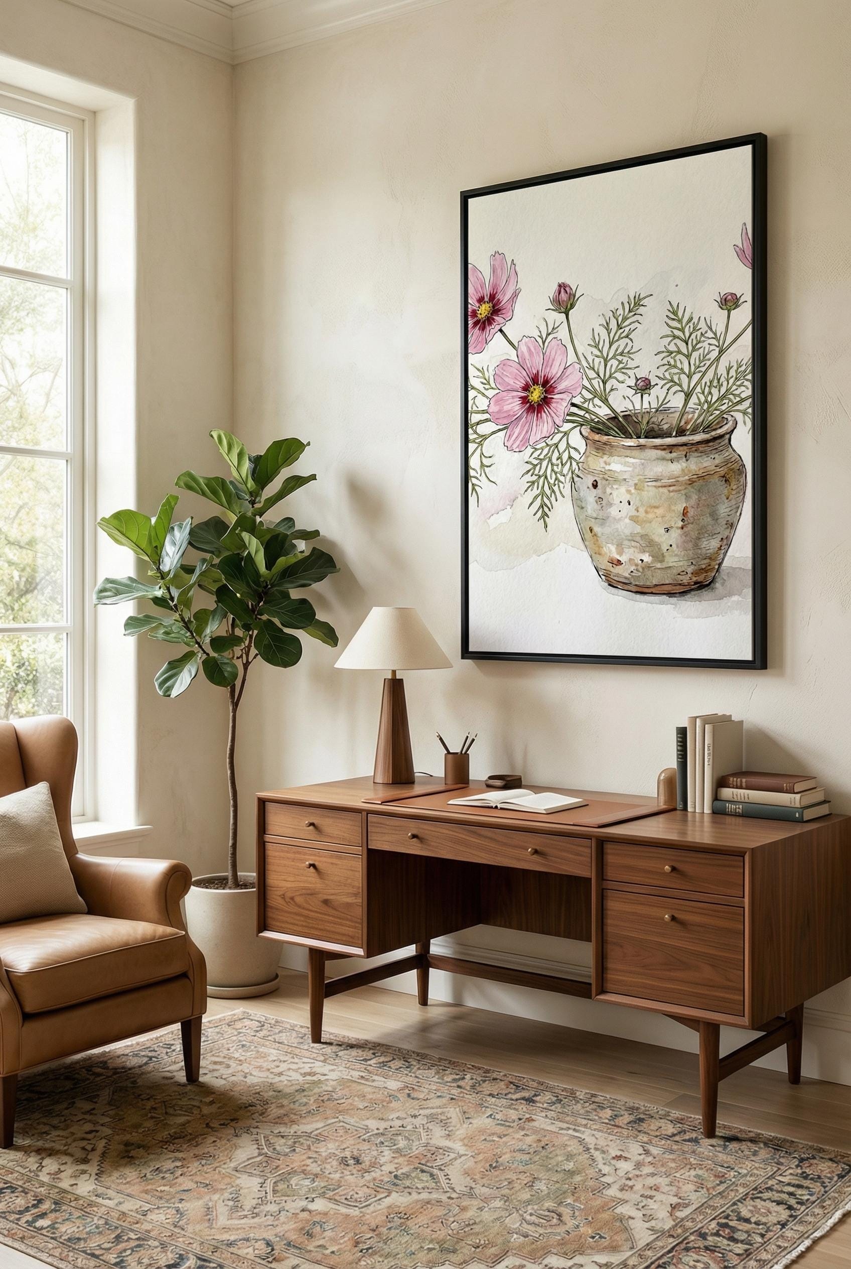 Flower Pot Wall Art: Pink Watercolor Print (Framed or Canvas)