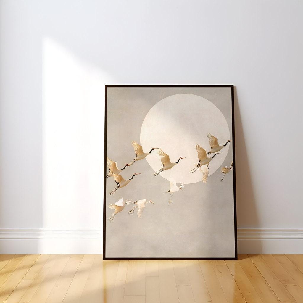 Moonlit Cranes: Serene Japanese Inspired Art | Ethereal Crane & Moon Wall Decor