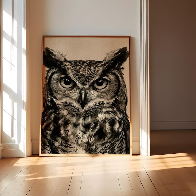 Great Horned Owl Wall Art: Rustic Charcoal Sketch - Nature Inspired