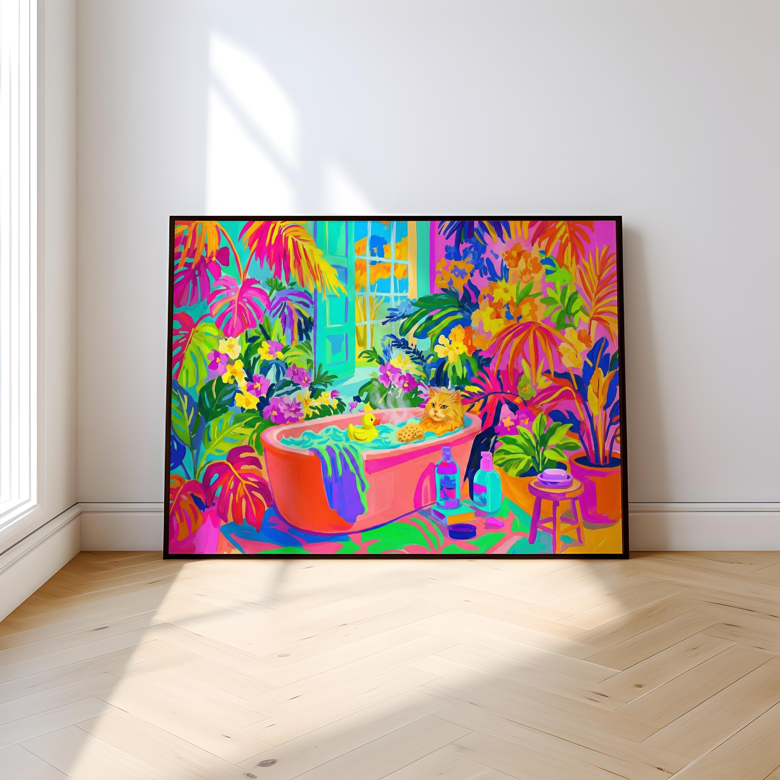 Whimsical Cat Canvas, Orange Tabby in Bathtub (Bold Fauvist Colors)