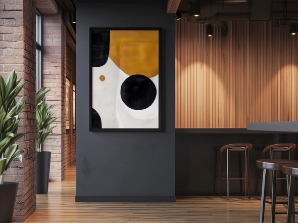 a modern and stylish interior design with a large abstract painting on the wall, wooden paneling, and a bar area with stools.