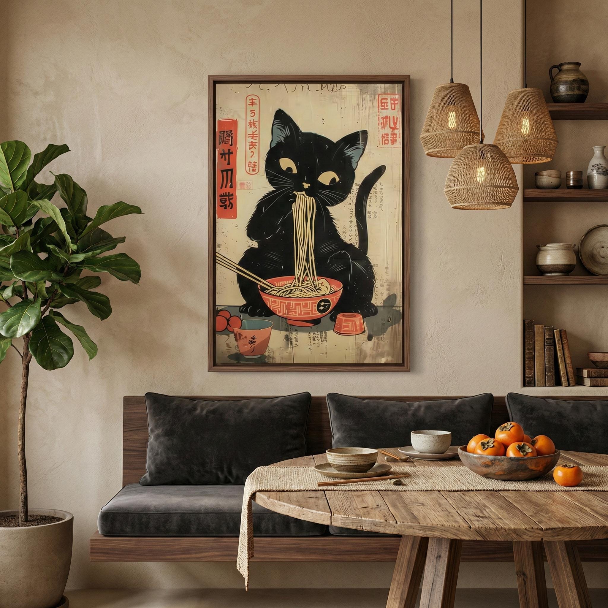 Whimsical Black Cat Ramen Art - Cozy Japanese Edo Decor