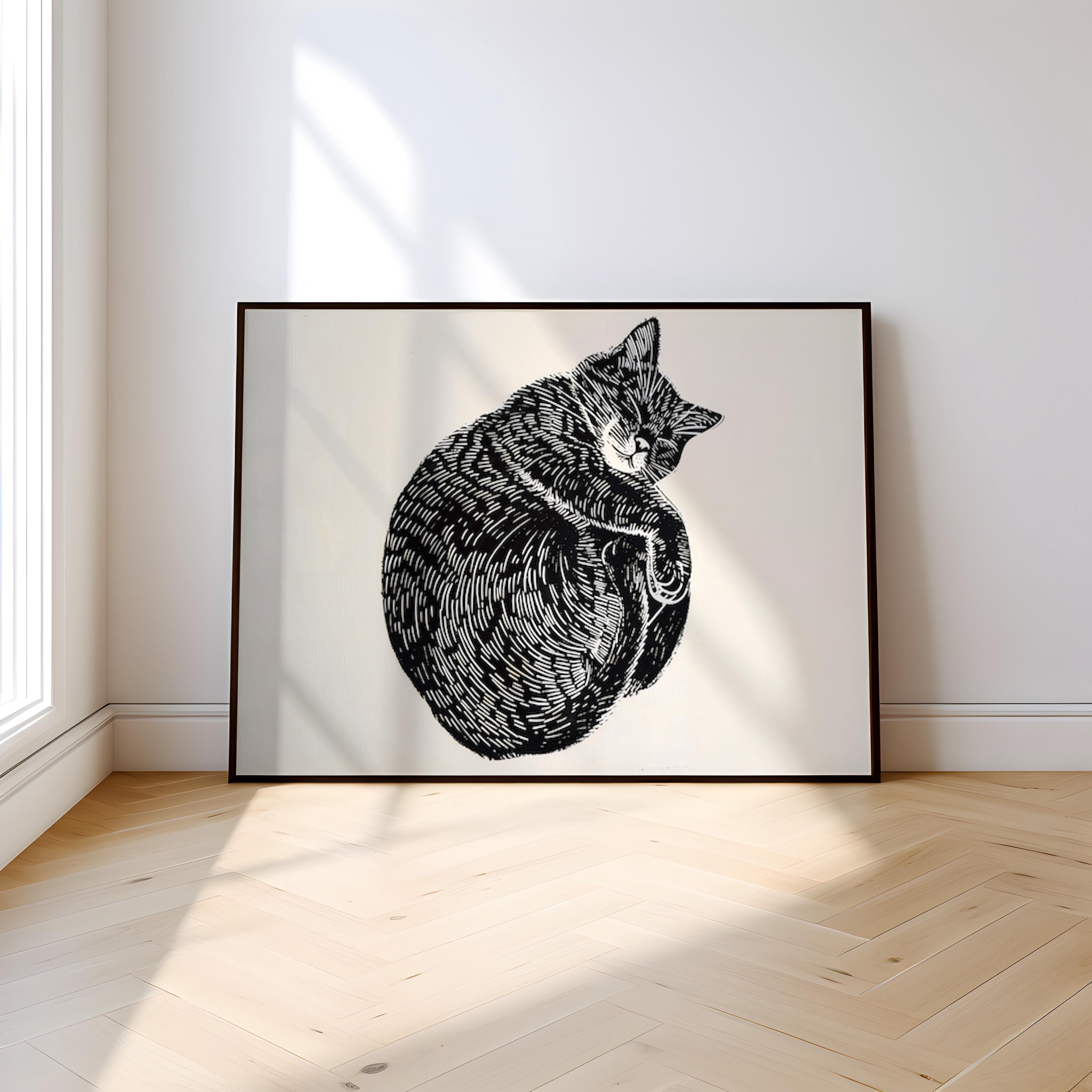 Peaceful Cat Nap: Whimsical Linocut Art Print | Cozy & Serene Wall Decor for Cat Lovers