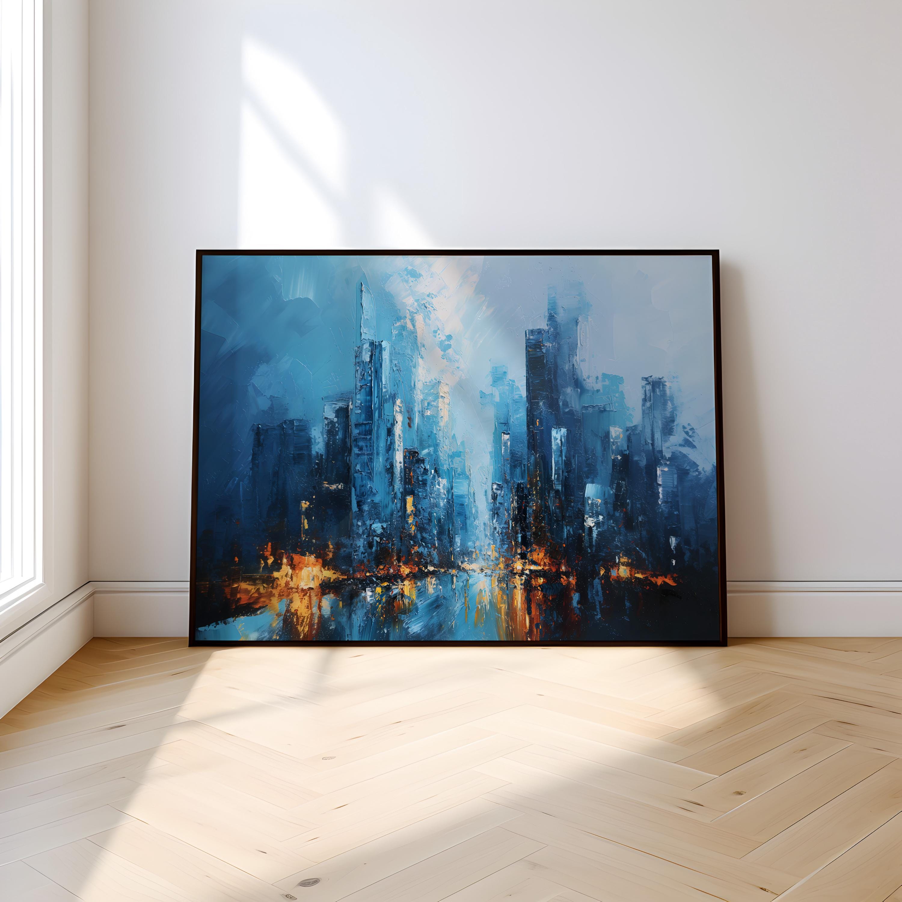 City of Memory: Abstract Impressionist Cityscape | Blue & Gold Urban Wall Art