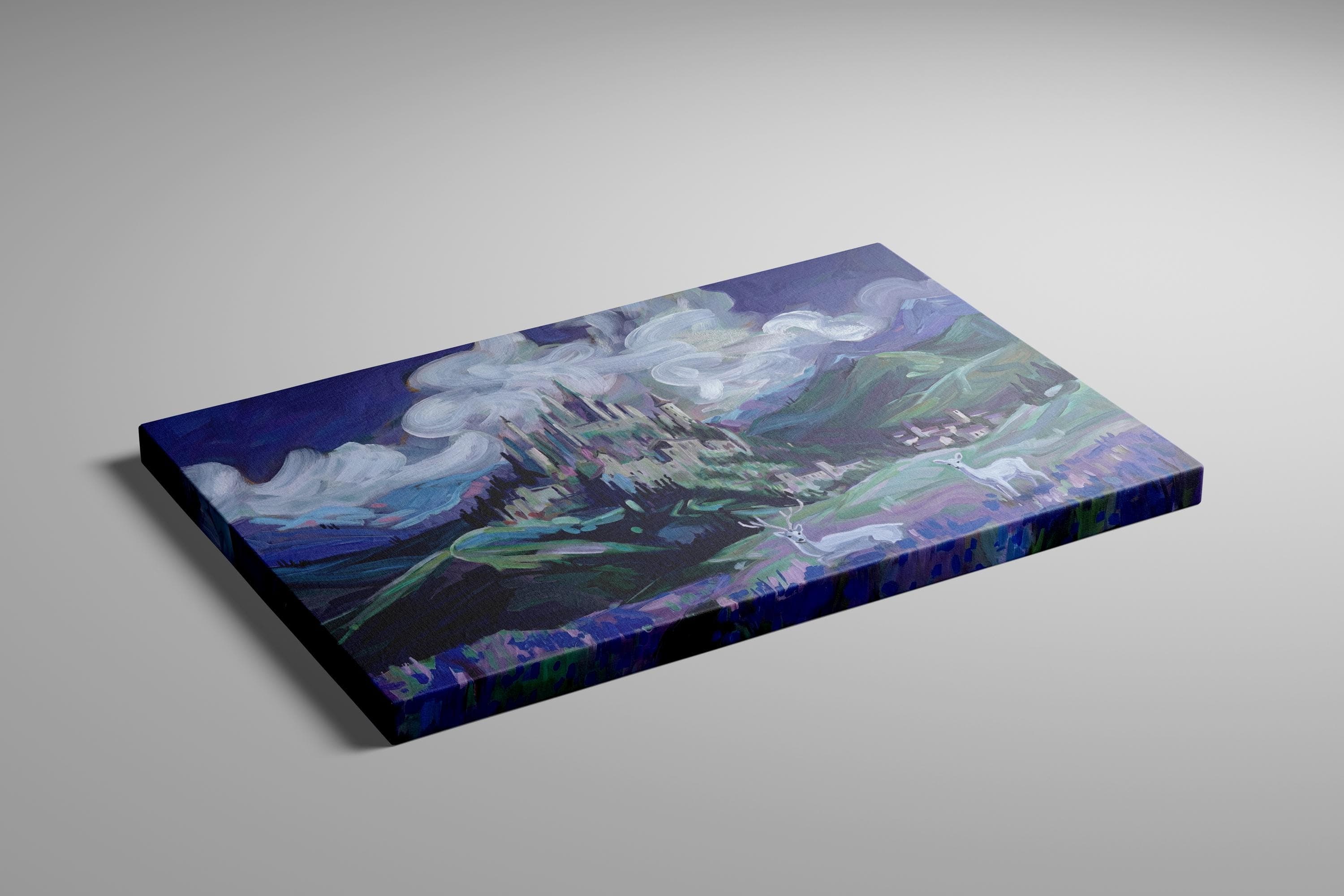 Fantasy Lighthouse Canvas, Purple Ocean, White Deer (Ready to Hang)