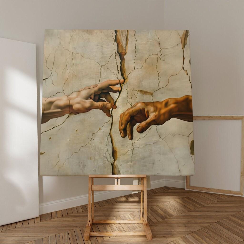 The Divide: A Modern 'Creation of Adam' | Cinematic Reaching Hands Canvas Art
