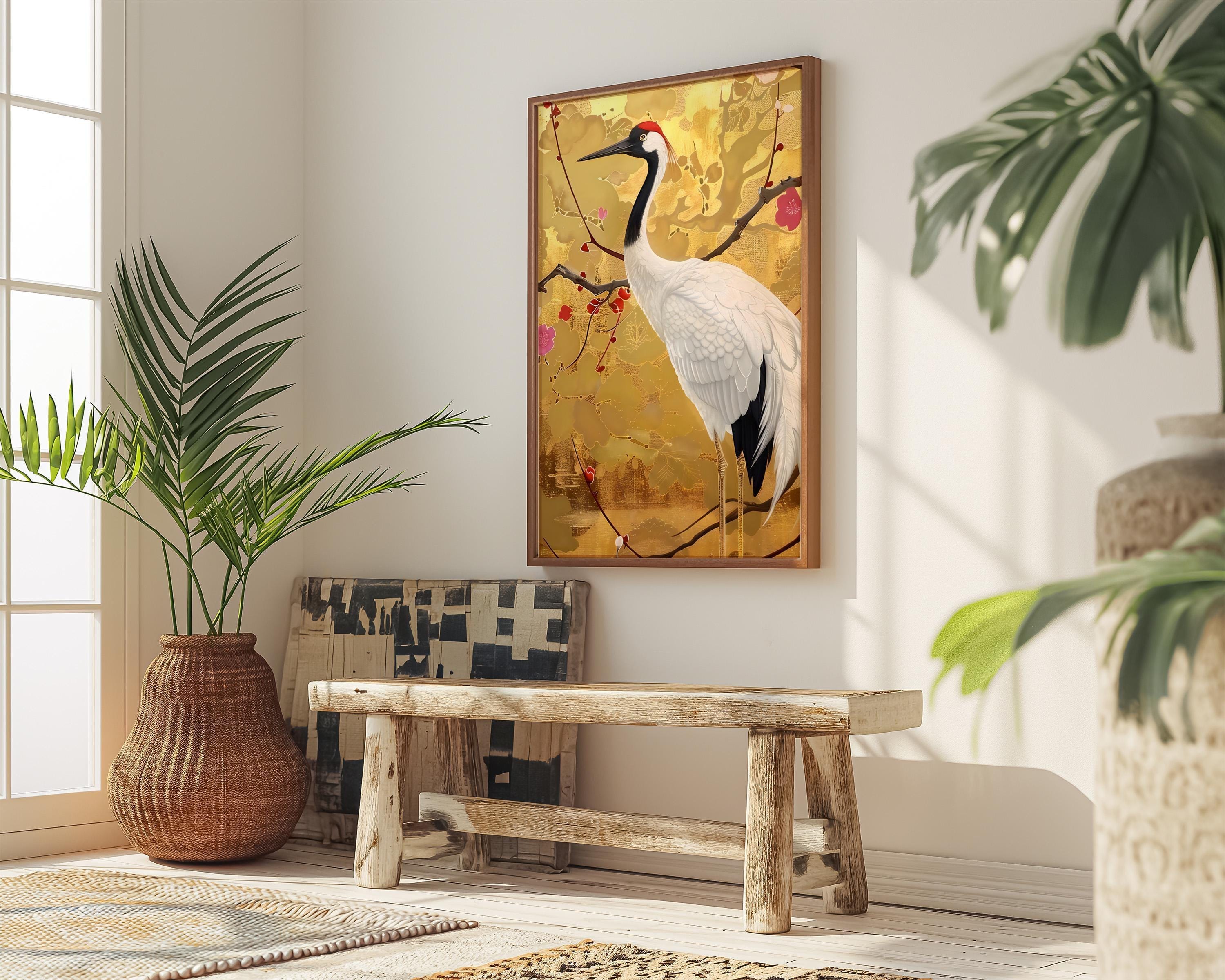 Graceful Crane Wall Art: Vibrant Floral Canvas with QR Code
