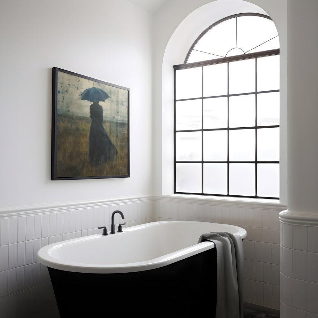 Melancholy Rain: Atmospheric Woman with Umbrella Canvas Art | Contemplative & Moody Wall Decor