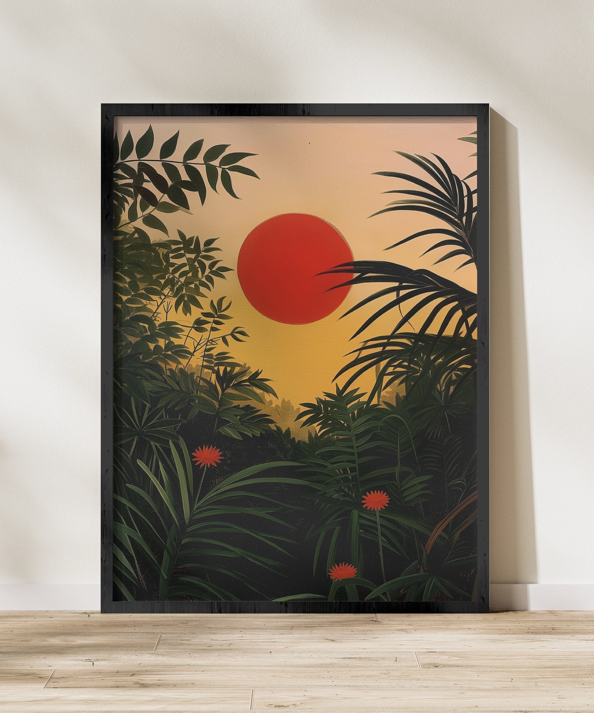 Tropical Forest Wall Art: Henri Rousseau Inspired Red Sun Sunrise