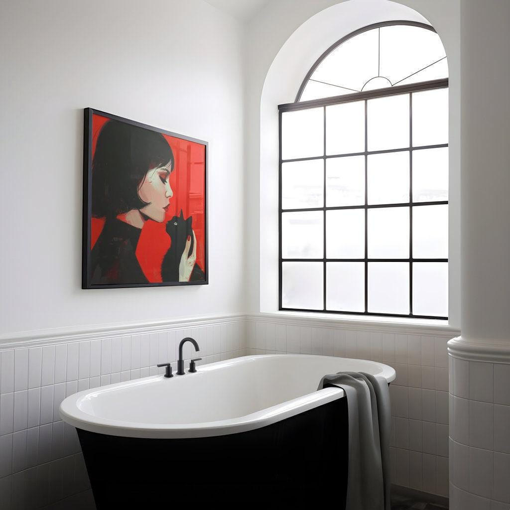 The Familiar: Woman and Black Cat Portrait | Moody, Modern & Evocative Wall Art