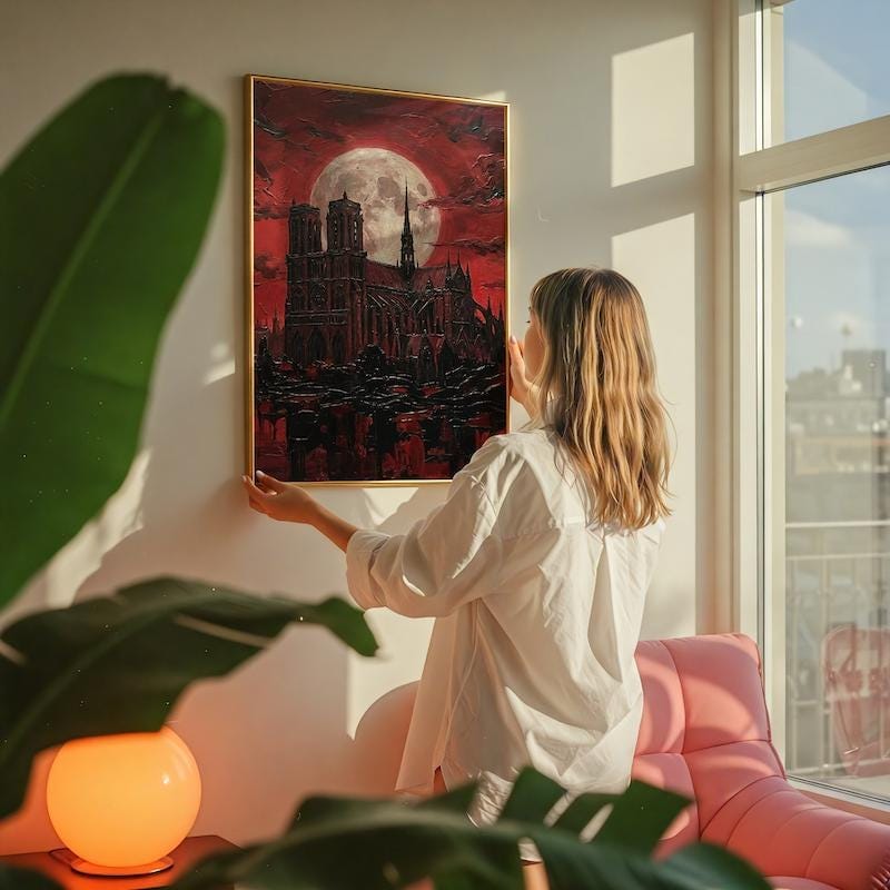 Gothic Cathedral Canvas Print, Blood Moon Cityscape (Dark Fantasy Decor)