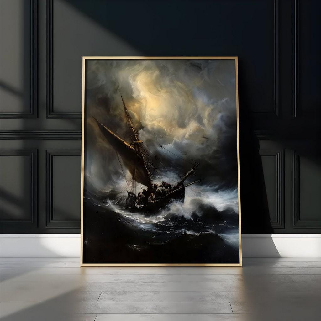 The Tempest: Dramatic Stormy Seascape Canvas Art | Nautical Ship & Lightning Wall Decor