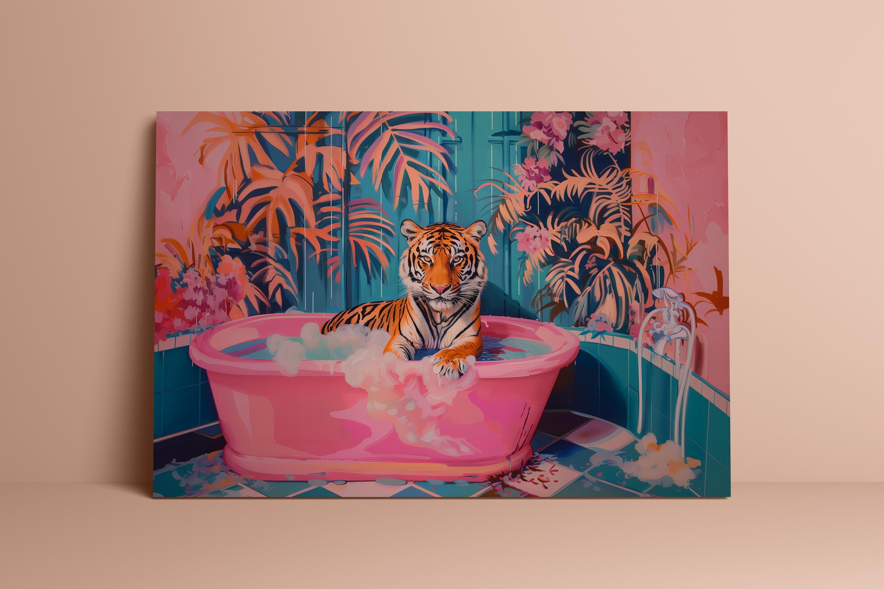 Chic Tiger Wall Art: Pink Bathtub, Maximalist Bathroom Decor