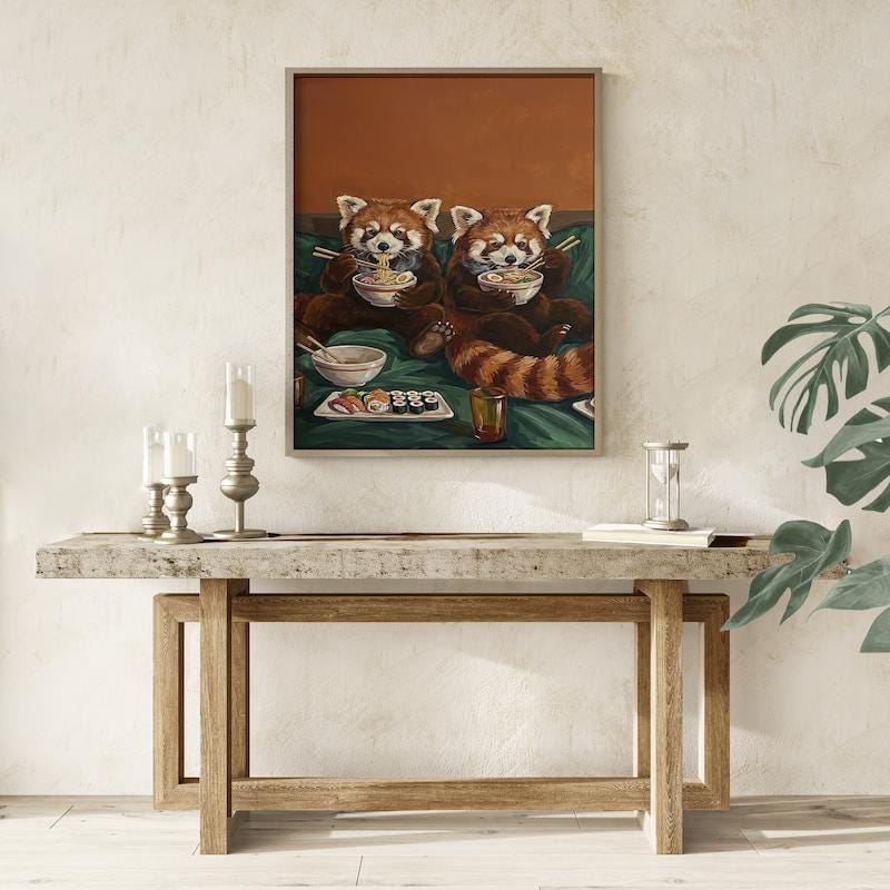Funny Red Panda Wall Art: Cute Sushi Date - Cozy Kitchen Decor