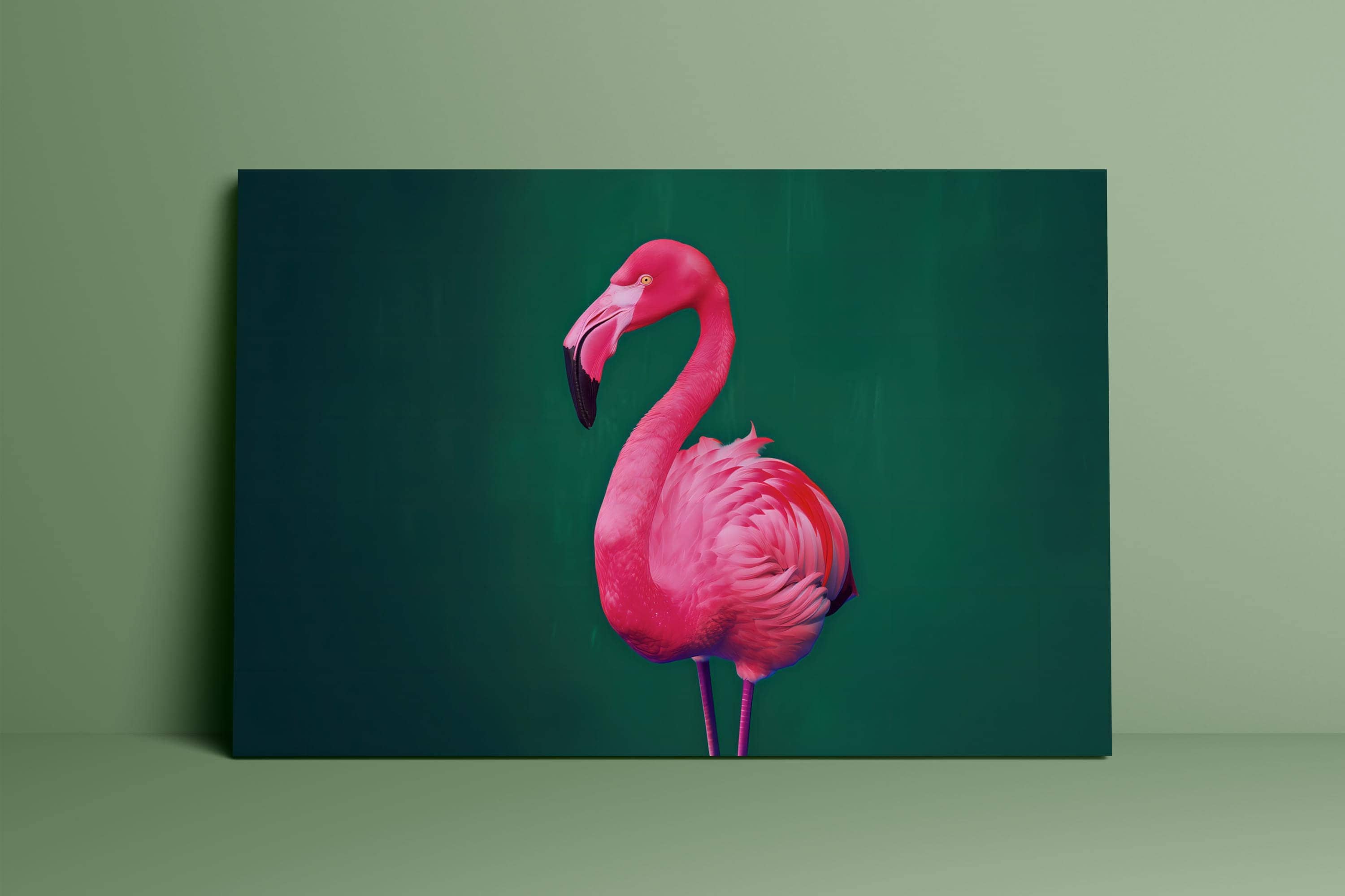 Bright Pink Flamingo Wall Art - Neon Colors with Emerald Green Background