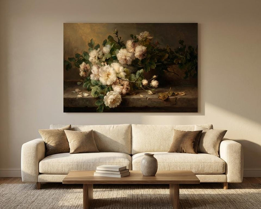 Vintage White Roses Botanical Wall Art - Cottagecore Floral Decor Print