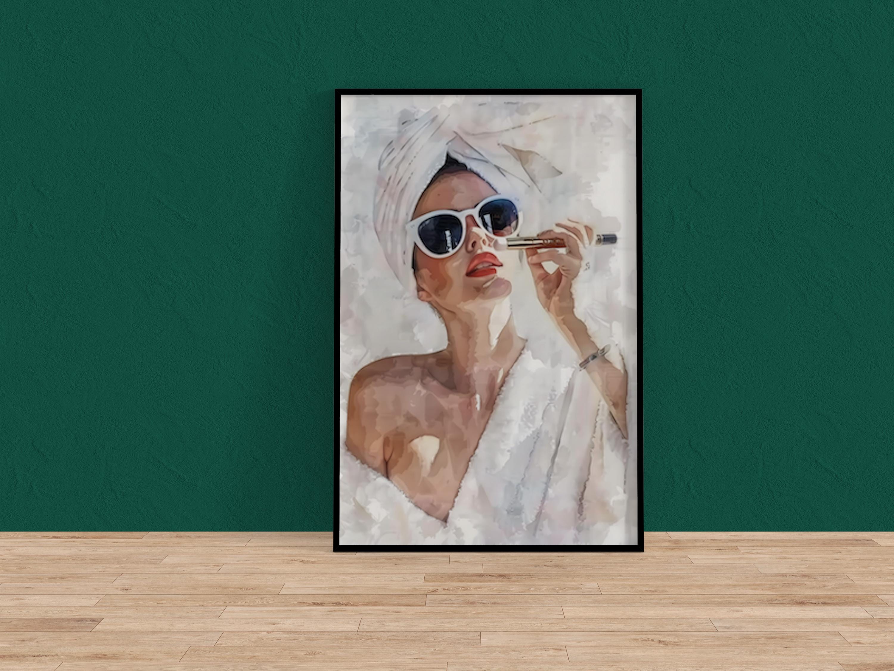 Morning Glamour: Modern Woman in Sunglasses & Robe Art | Chic Fashion Wall Decor