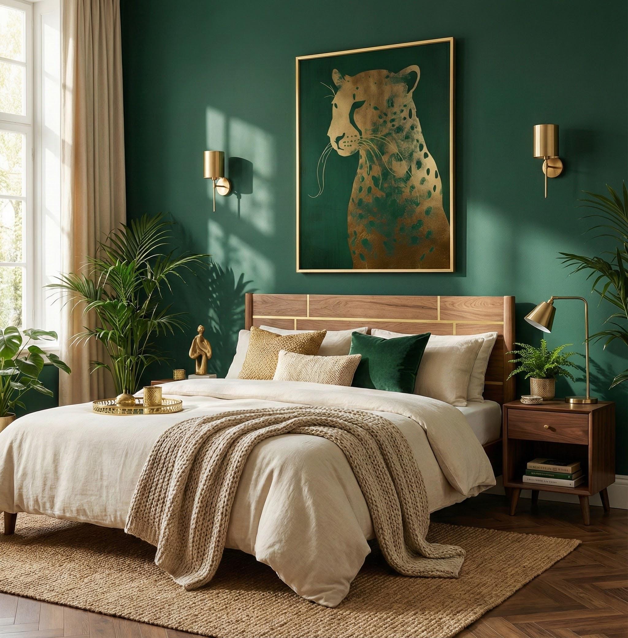 Emerald Green Leopard Canvas, Gold Accents (Ready to Hang)