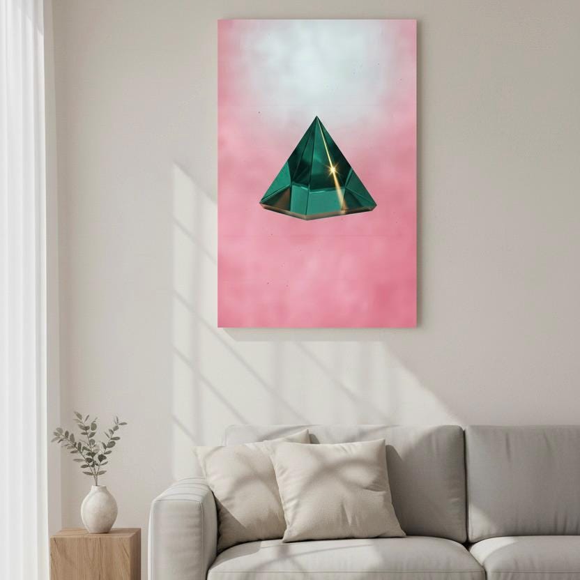 a modern living room with a gray sofa, a white vase with greenery, and a large abstract painting of a green pyramid on the wall.