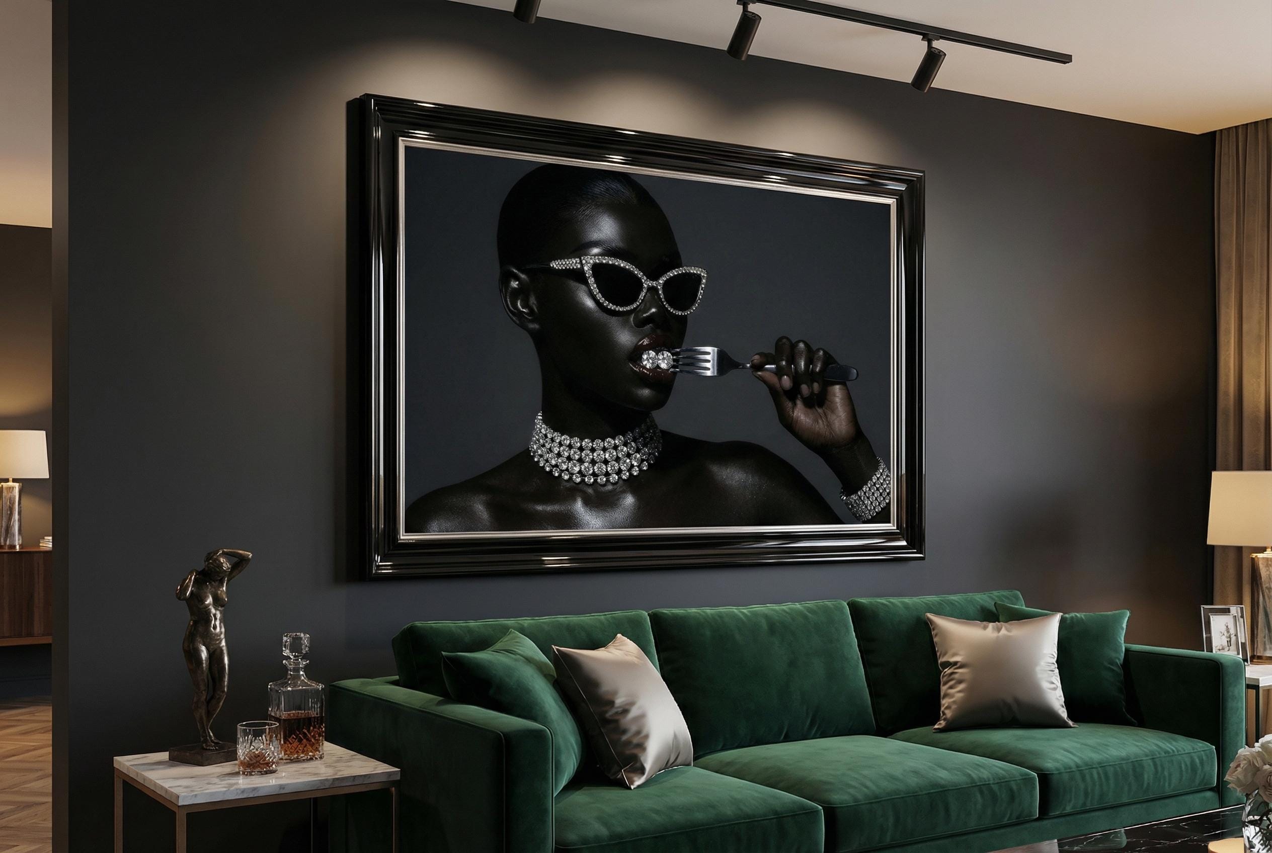 Diamond Black Wall Art Print, Luxury Modern Style (Framed or Canvas)