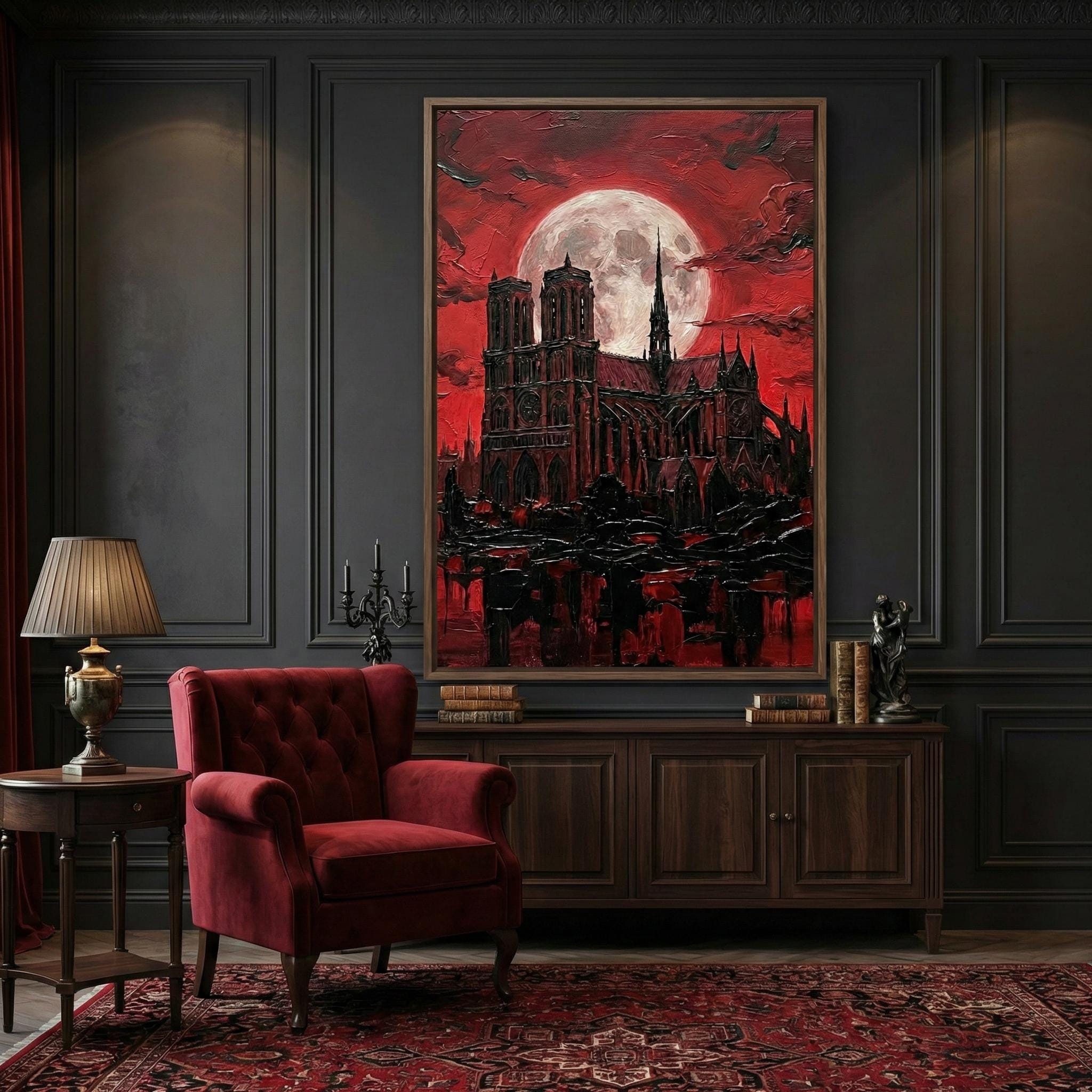 Gothic Cathedral Canvas Print, Blood Moon Cityscape (Dark Fantasy Decor)