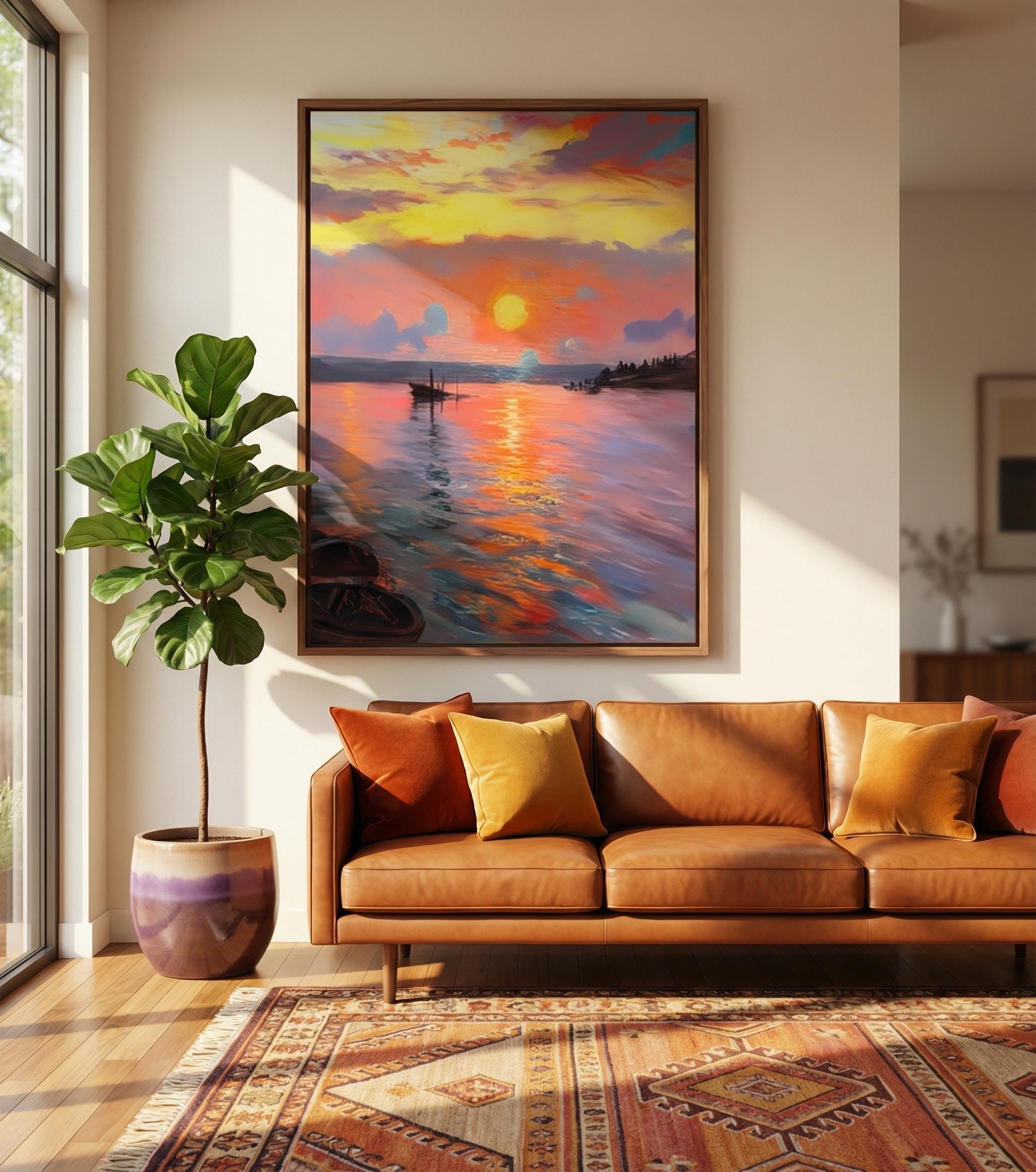 Impressionist Sunset Canvas, Minimalist Lake View (Multiple Sizes)