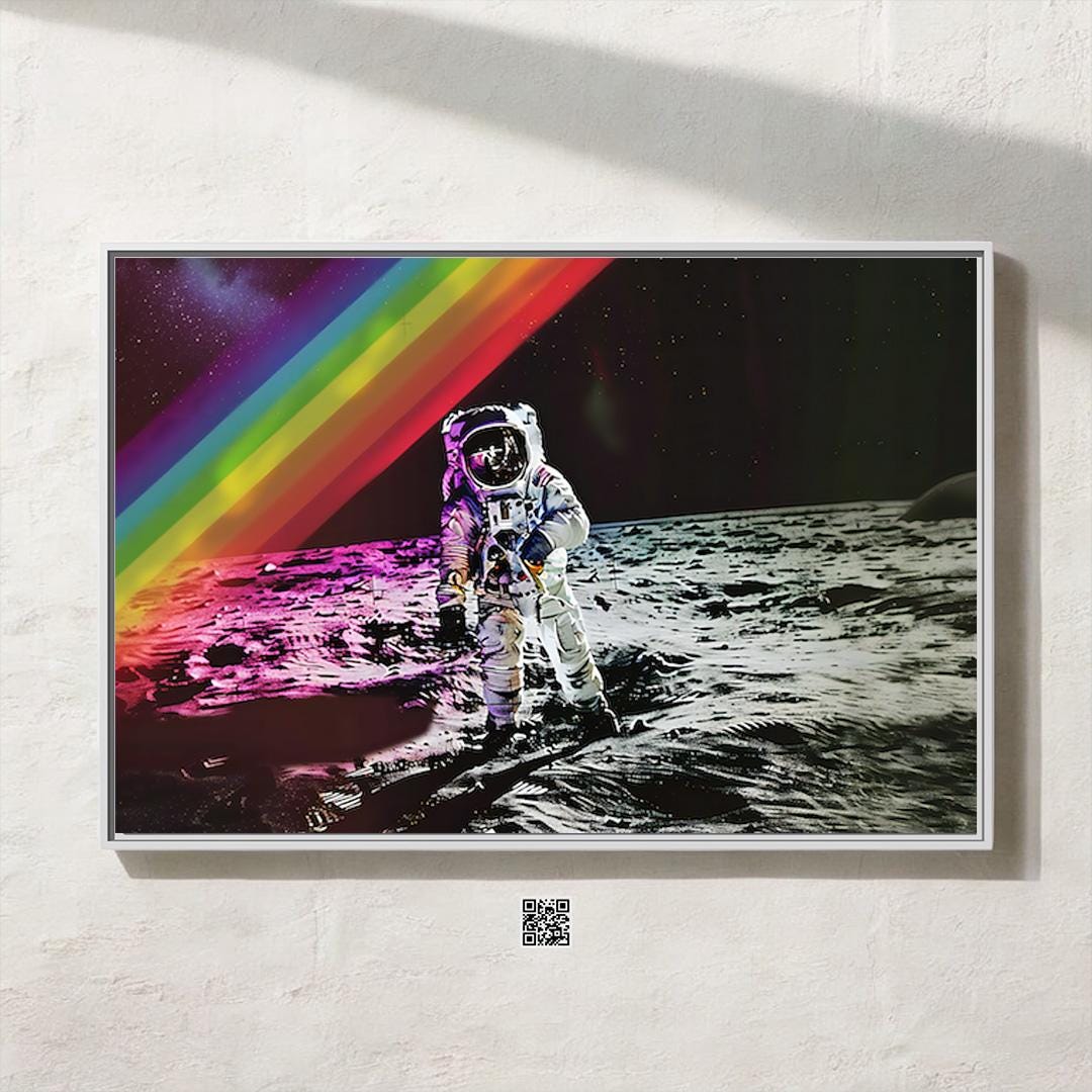 Lunar Dream: Astronaut on the Moon with Rainbow Sky | Surreal & Cinematic Space Art