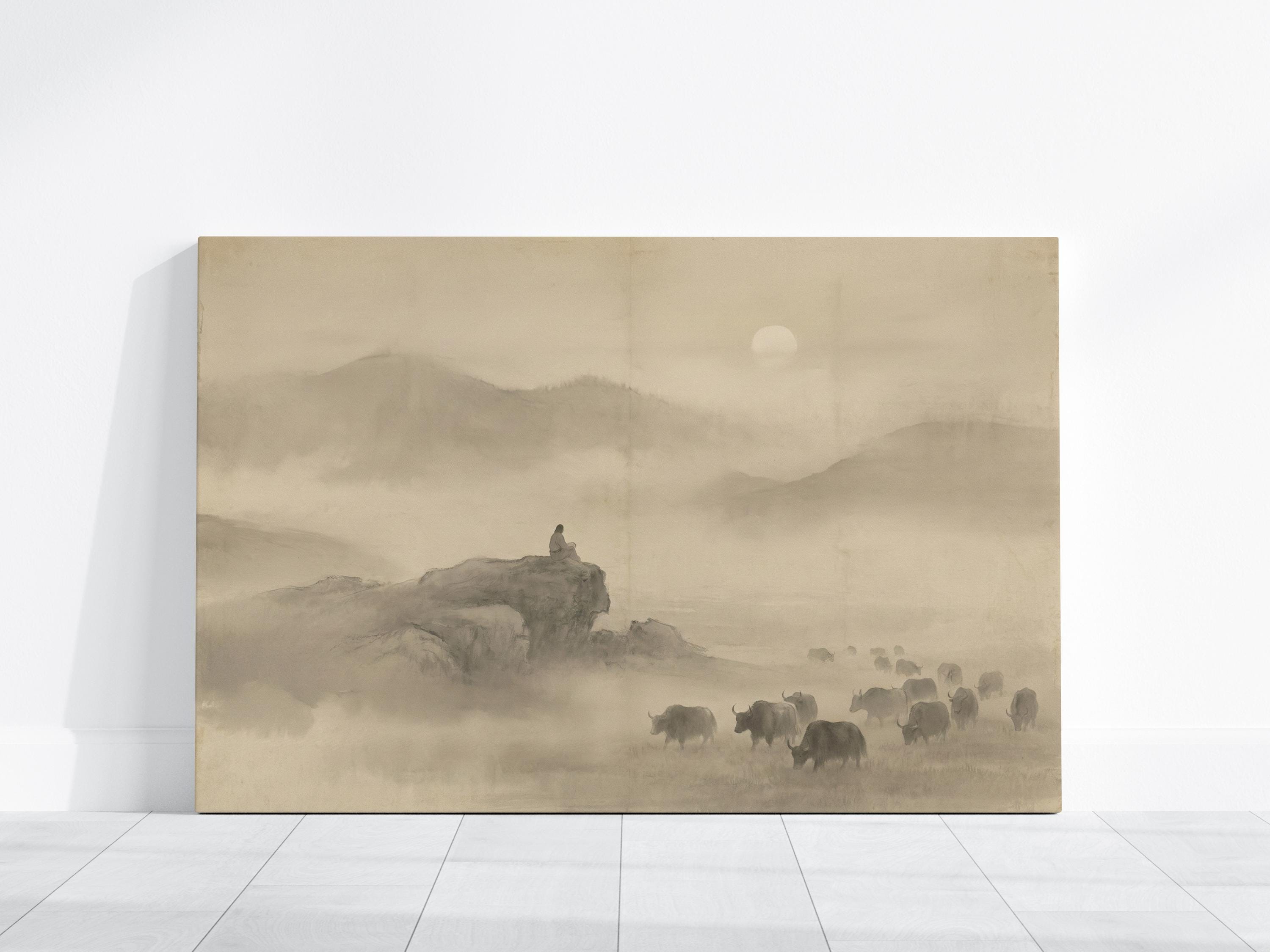 Misty Mountain Landscape: Zen Ink Wash Art (Sepia Tone)