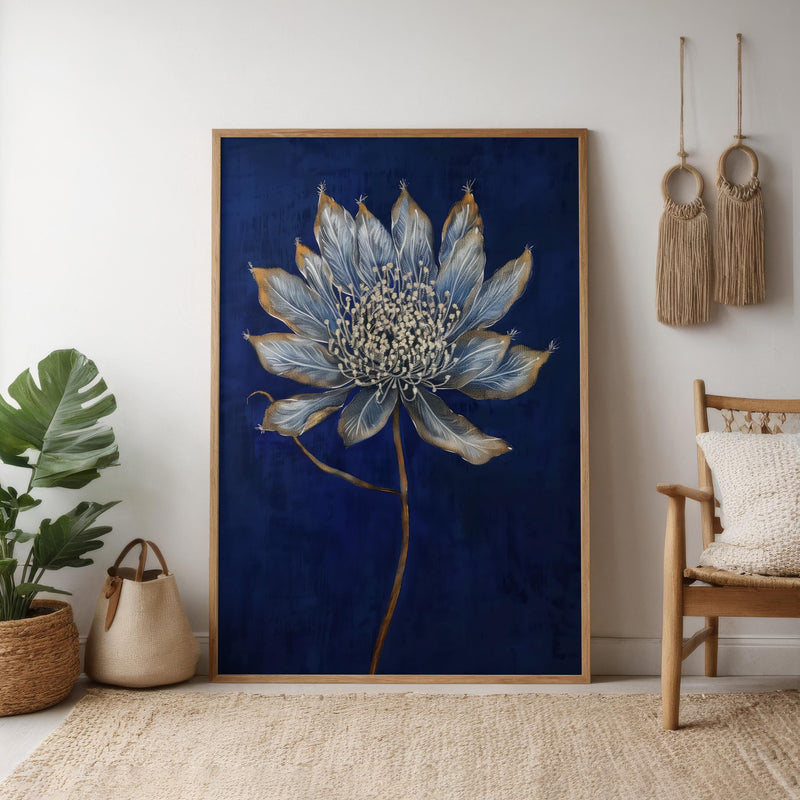 Modern Minimalist Flower Art – Elegant Gray White Botanical Wall Decor | Deep Blue