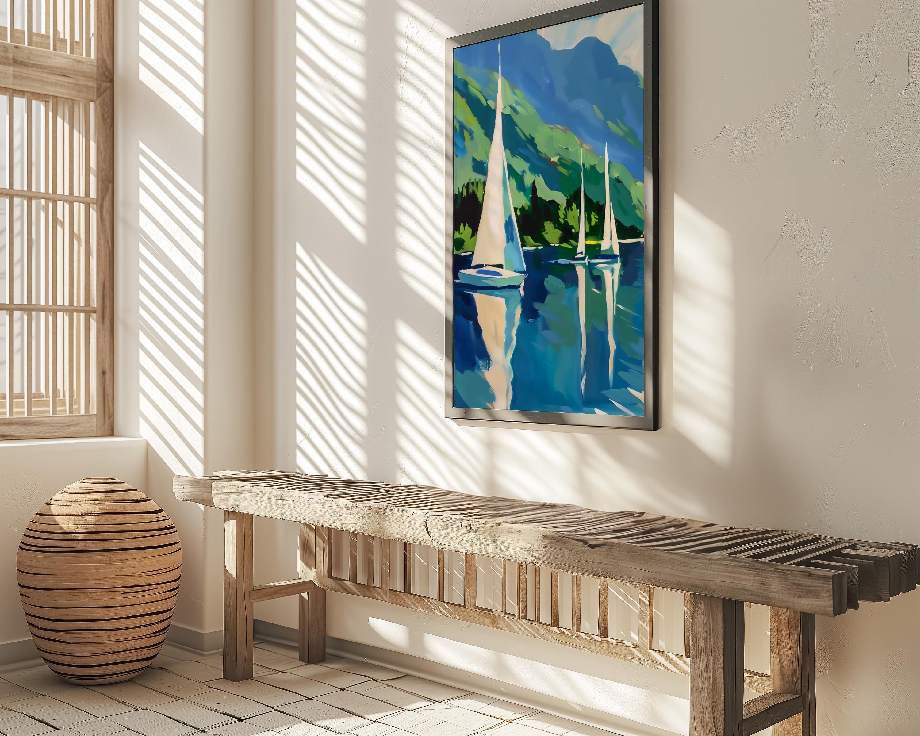 Mountain Lake Serenity: Tranquil Sailboat Canvas Art | Picturesque Blue & Green Landscape Decor