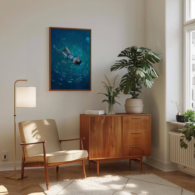 Night Swim Wall Art: Glowing Jellyfish - Moody Ocean Scene