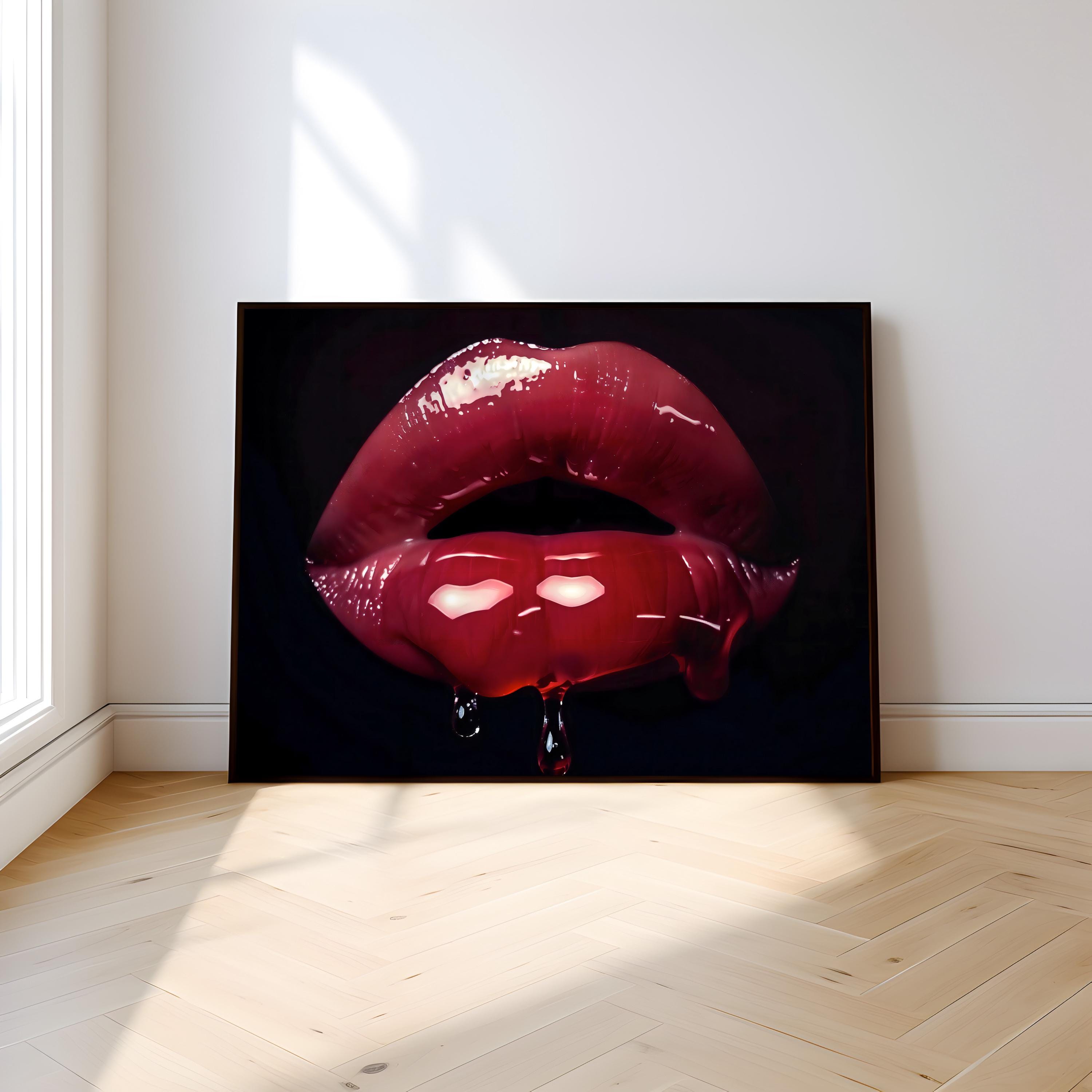 Crimson Whisper: Hyperrealistic Red Lips Art | Modern, Glamorous & Seductive Wall Decor
